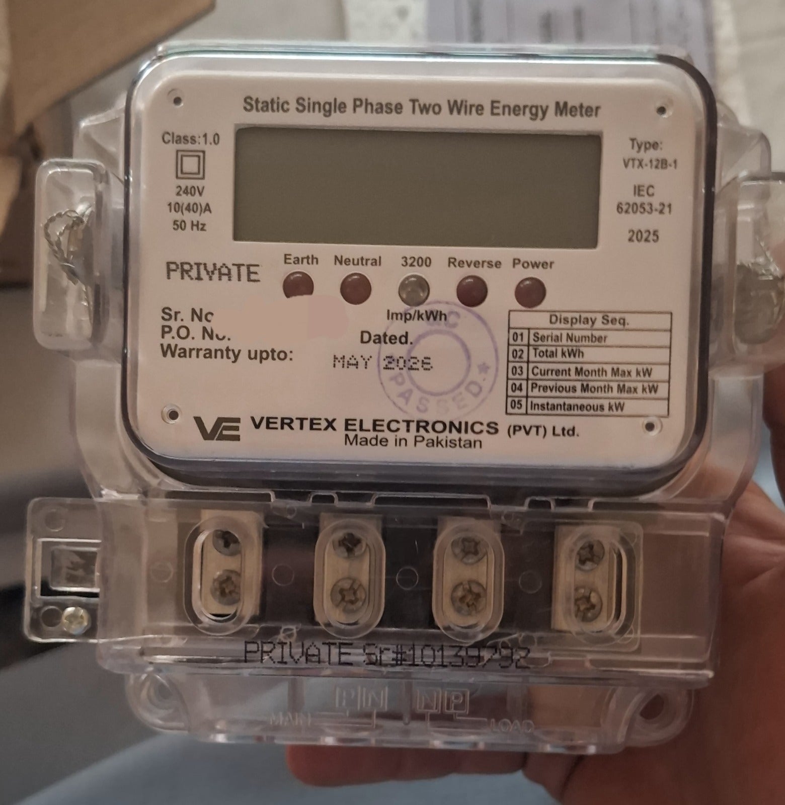 VERTEX Static Single Phase Two Wire Energy Meter in Pakistan