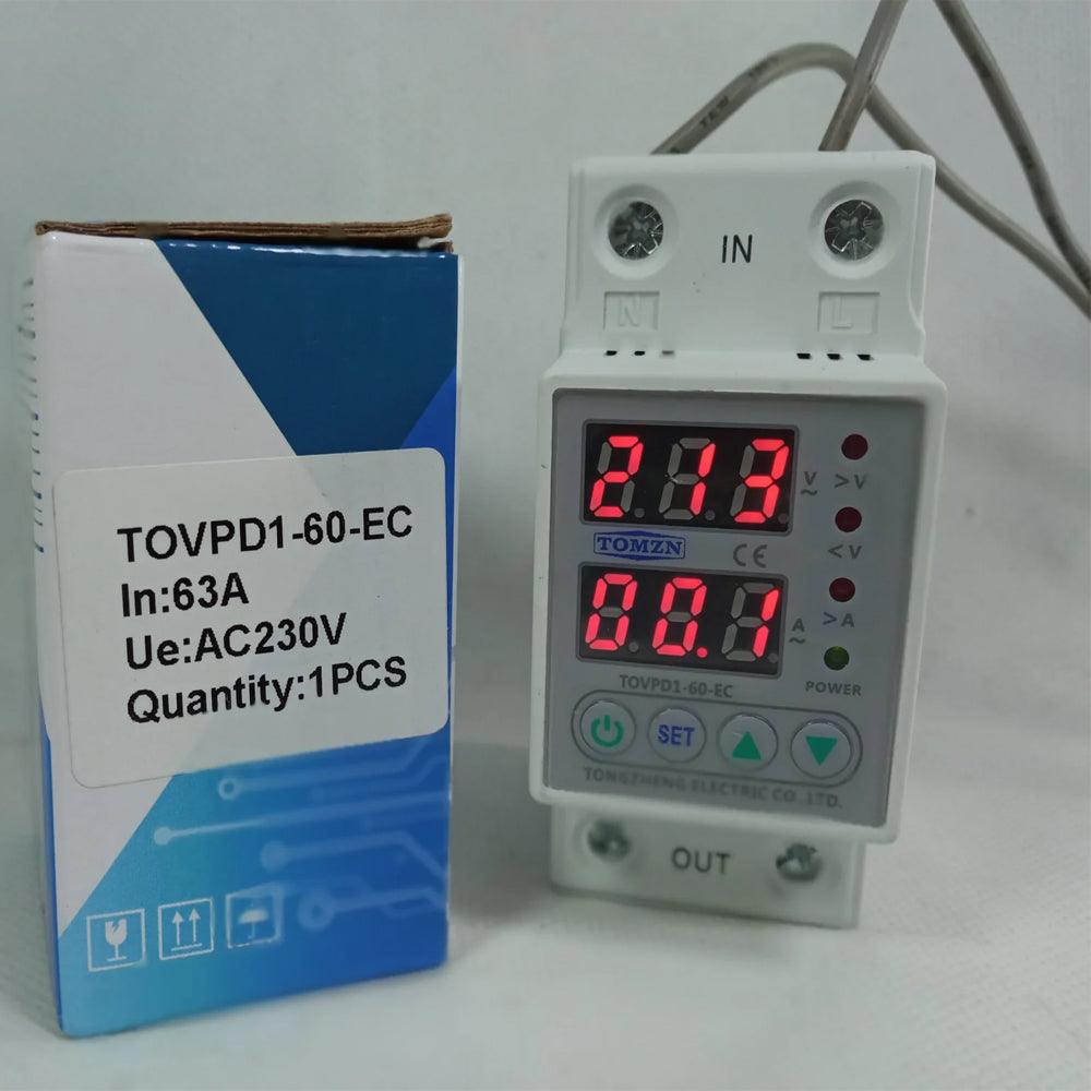 TOMZN TOVPD1-60-EC Adjustable Over & Under Voltage Protector Relay with Over Current Protection (63A, DIN Rail) - 63A